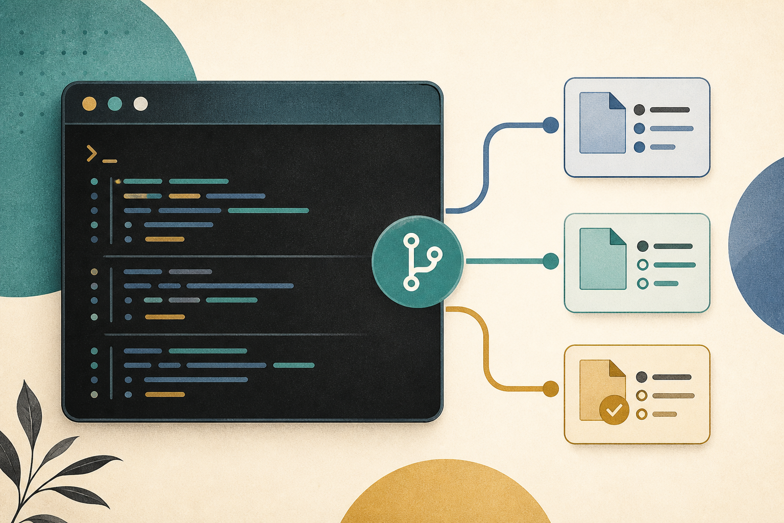 Editorial illustration of Git states flowing through a branching Unix terminal workflow