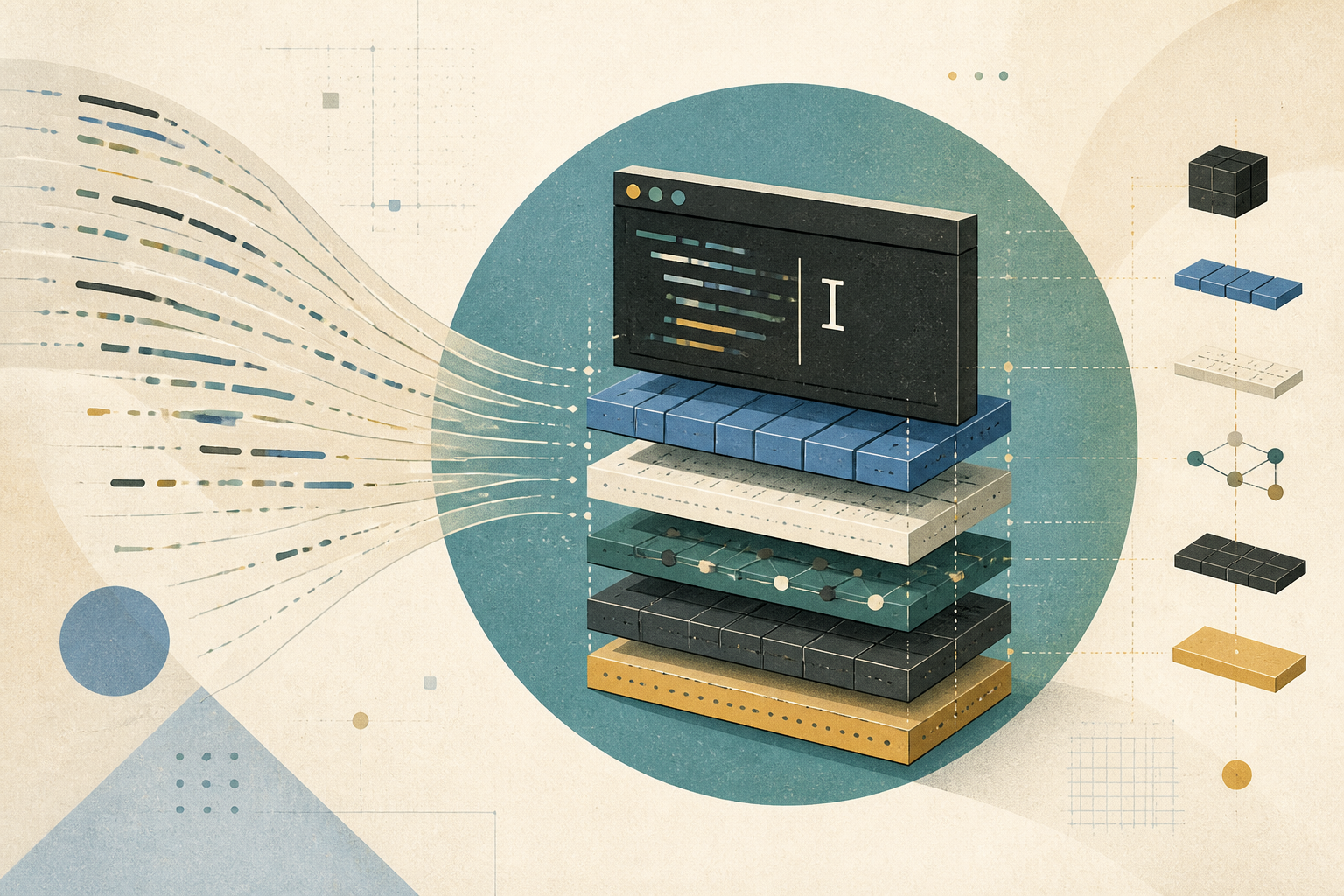 Editorial illustration of a programmers editor assembled from modular layers