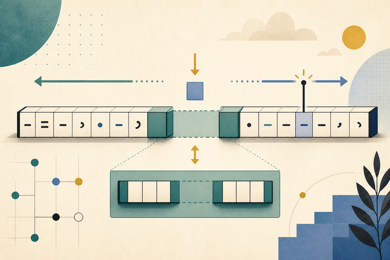 Editorial illustration of a gap buffer data structure with a movable insertion gap