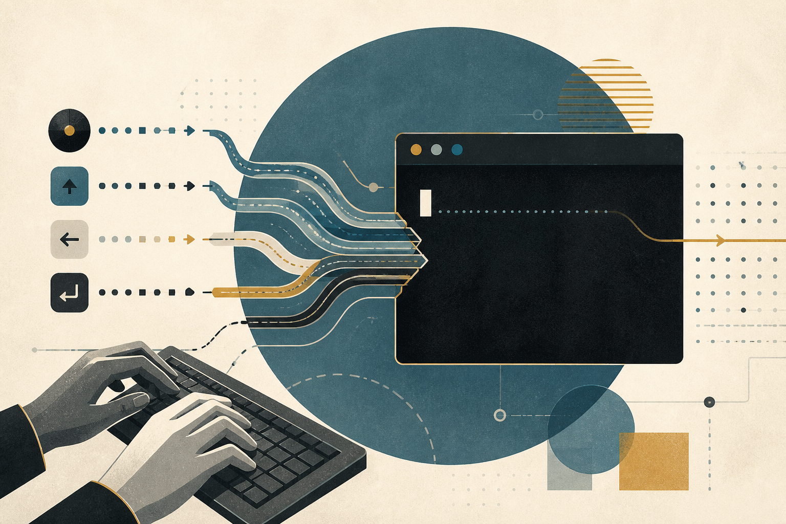 Editorial illustration of terminal input signals flowing into a raw-mode editor display