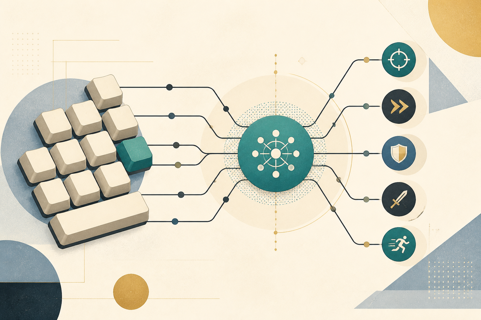 Editorial illustration of keyboard input branching through a keymap command tree