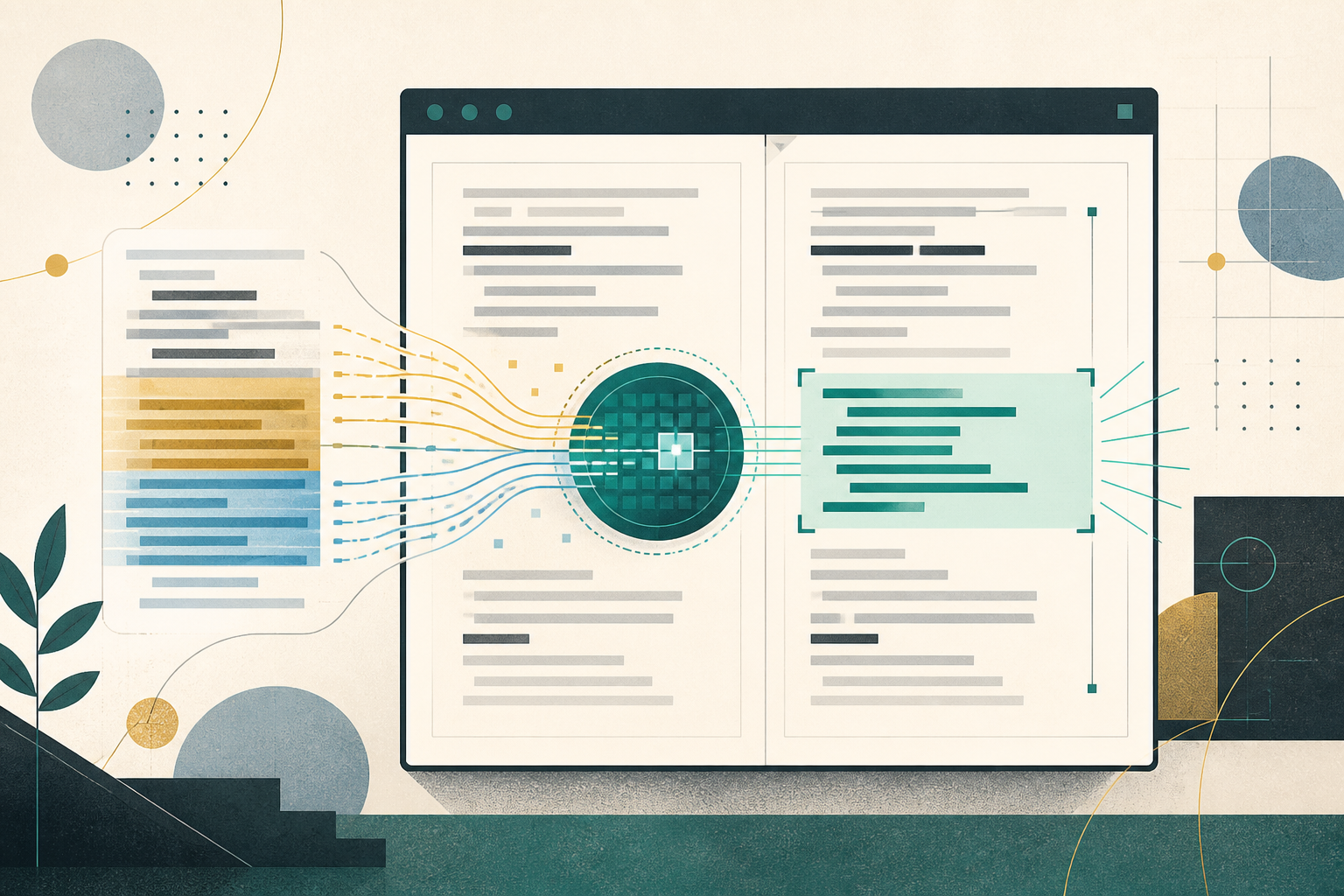 Editorial illustration of a changed screen region flowing through a differential rendering pipeline