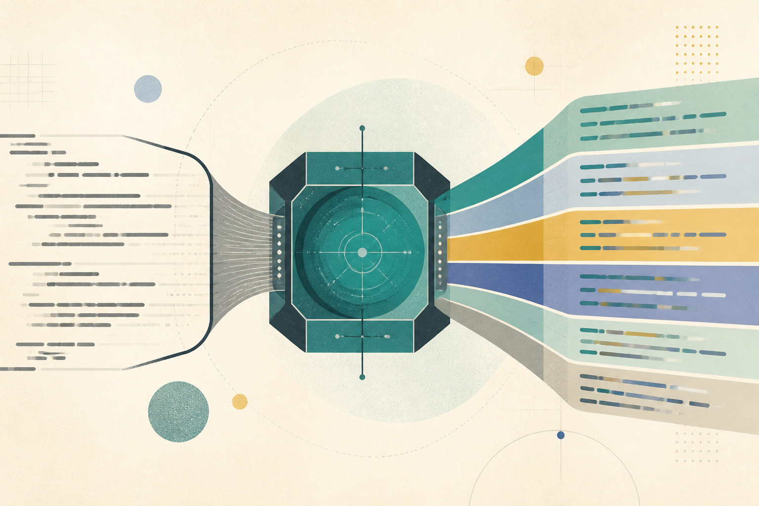 Editorial illustration of code passing through tokenization and syntax highlighting layers