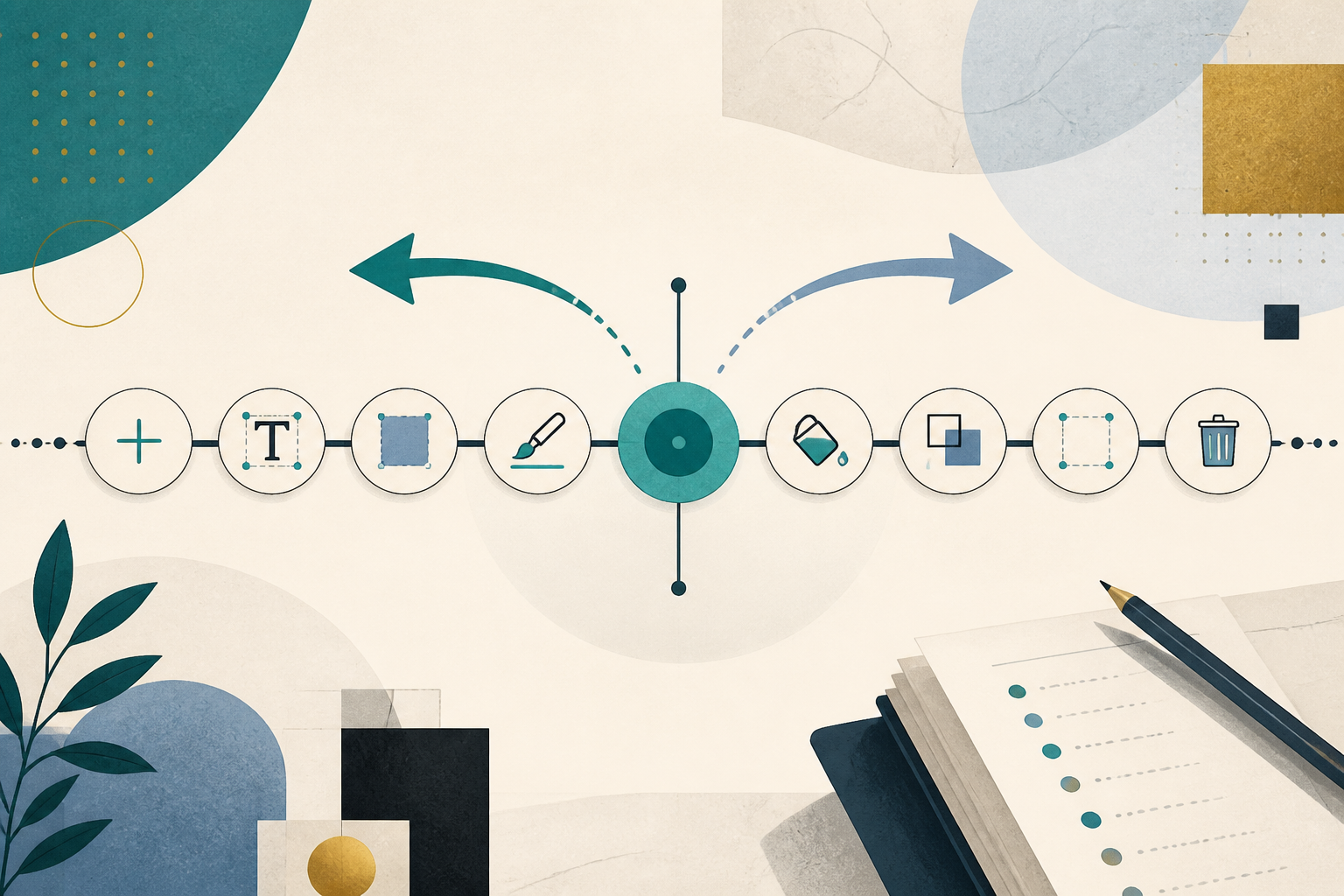 Editorial illustration of reversible editor commands moving along an undo and redo timeline