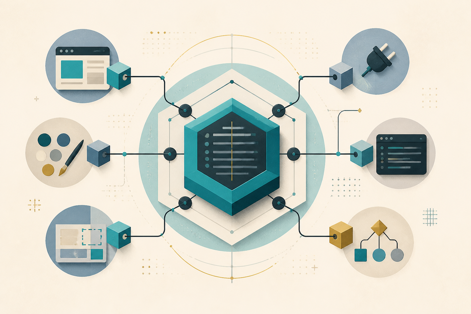 Editorial illustration of editor modes and extensibility hooks branching from a central core